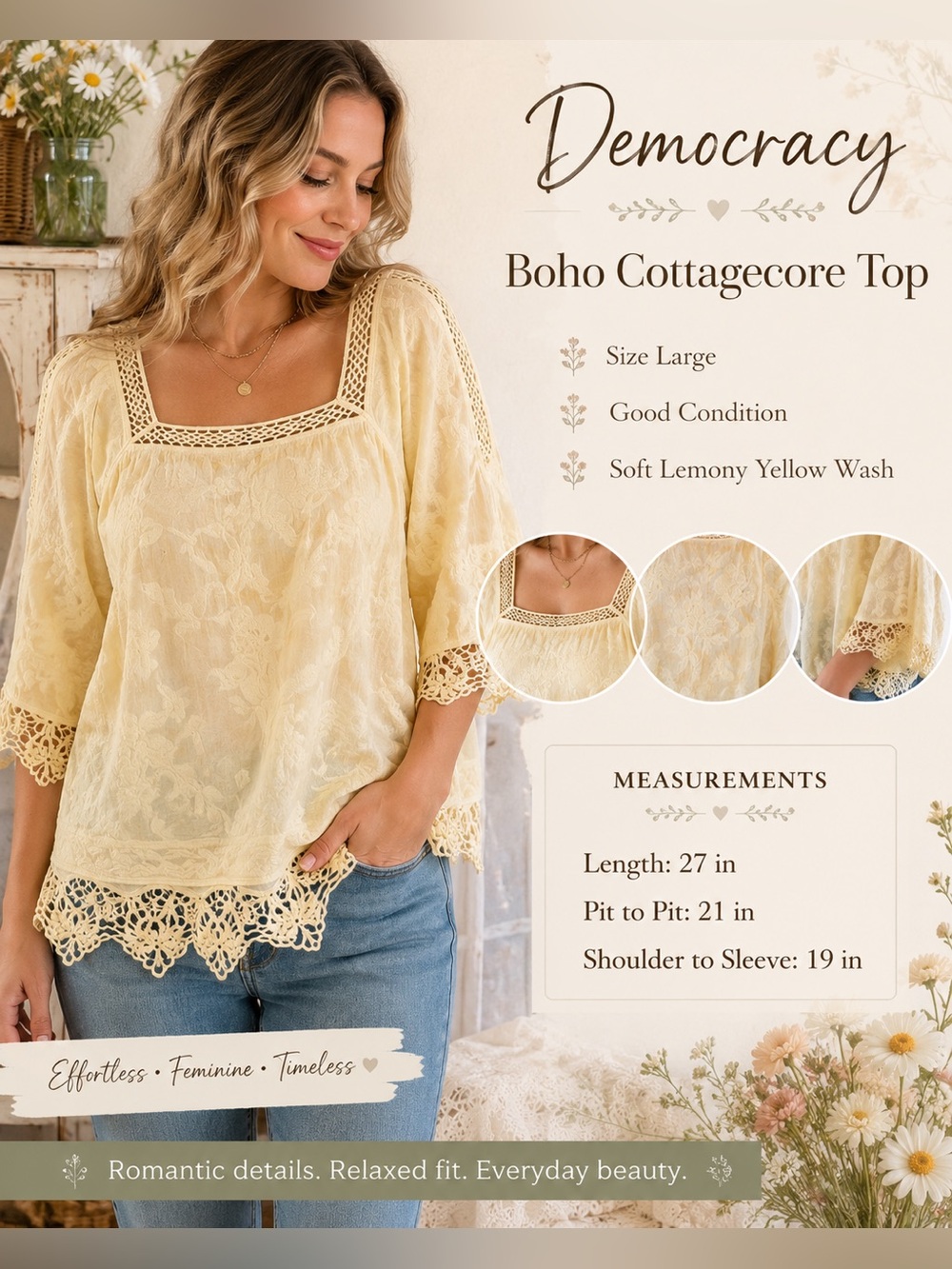 Democracy Boho Cottagecore Lace Trim Top - Soft Lemon Yellow